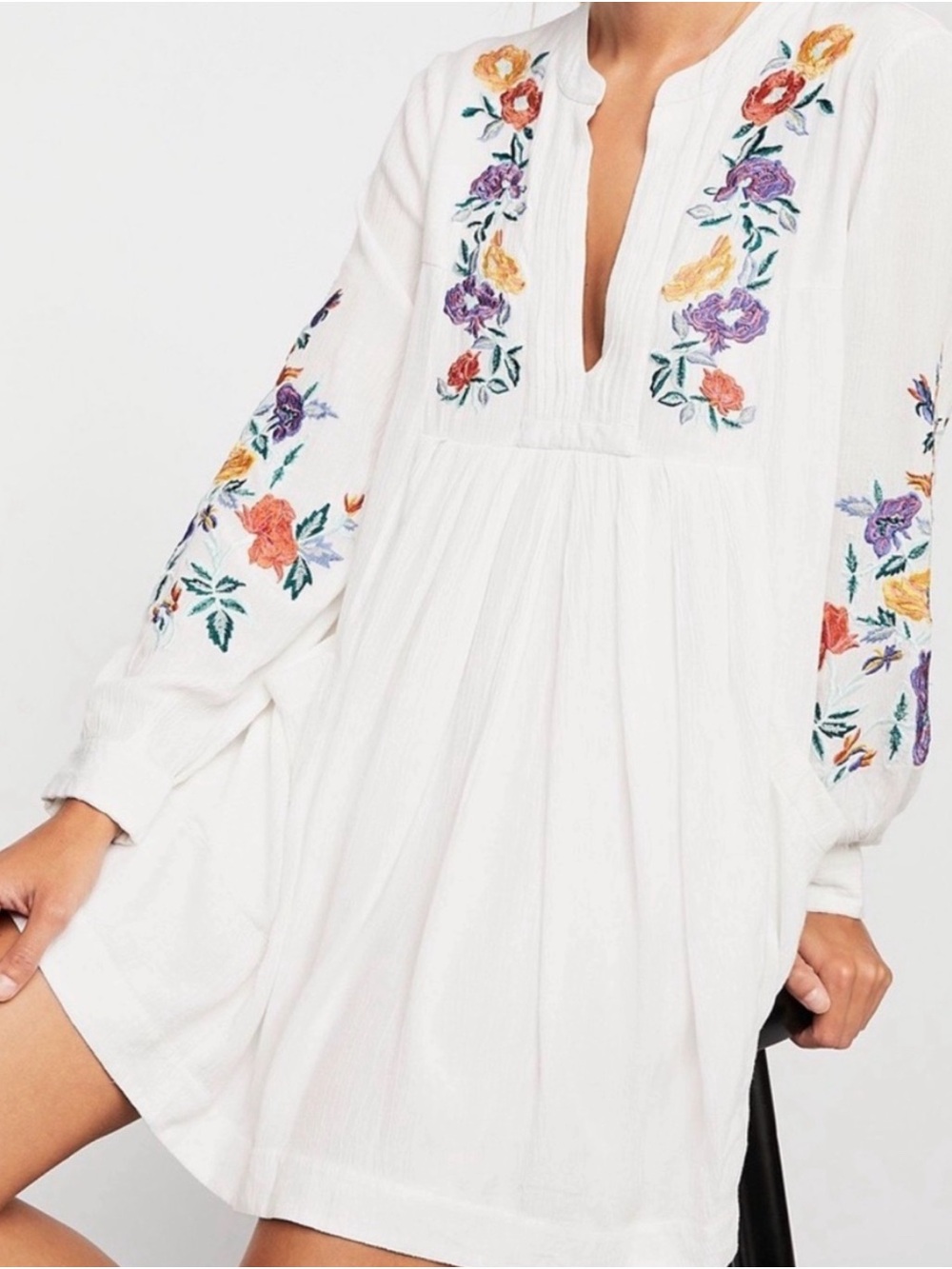 Free People White Embroidered V-Neck Dress with Multicolor Florals - Size Small - Picture 3 of 4